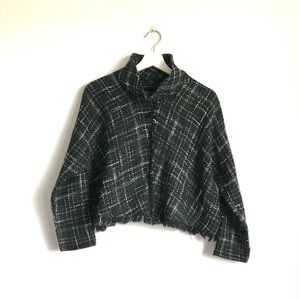Zara Black and Green Plaid Tweed Fringe Mock Neck Cropped Sweater Size S
